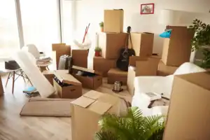 Room filled with packed moving boxes and household items ready for removal by SDS Man and Van in Plymouth Devon